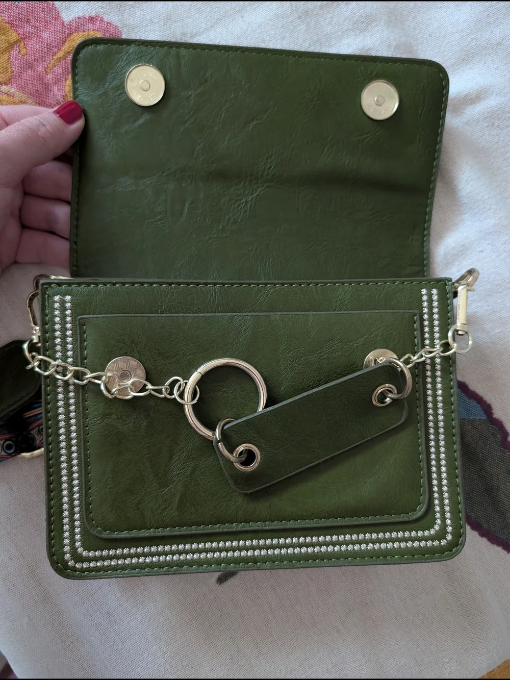 Olive Green Crossbody Shoulder Bag with Decorative Strap And Gold Chain Detail